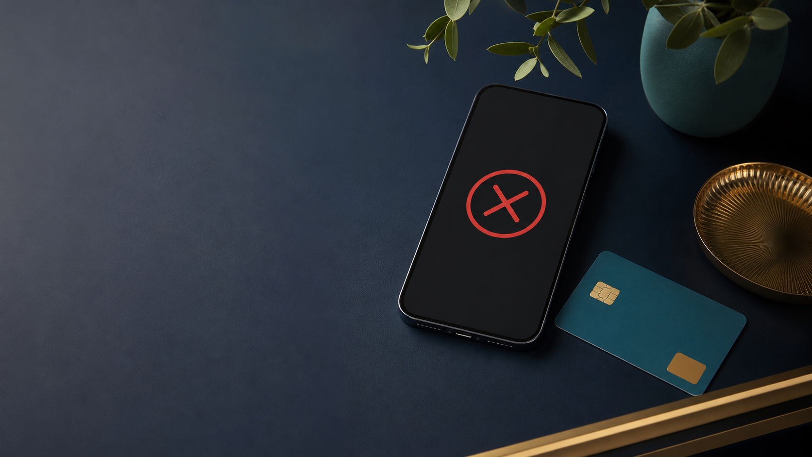 Carte bancaire générique près d’un téléphone affichant un paiement refusé